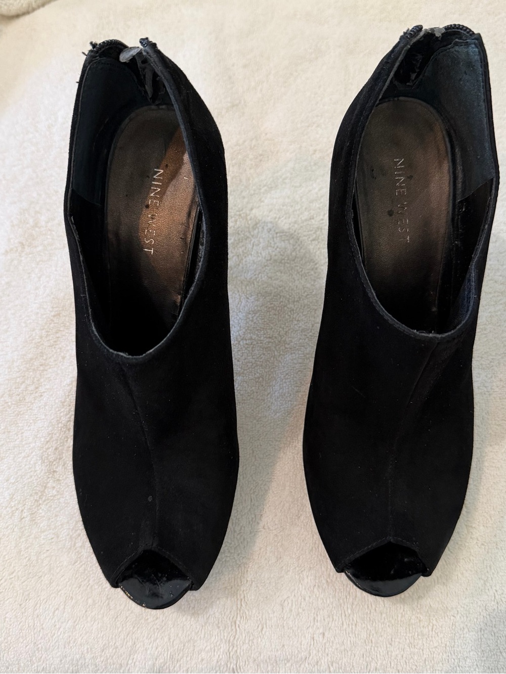 Nine West Black Suede Peep-Toe Ankle Booties with Back Zip